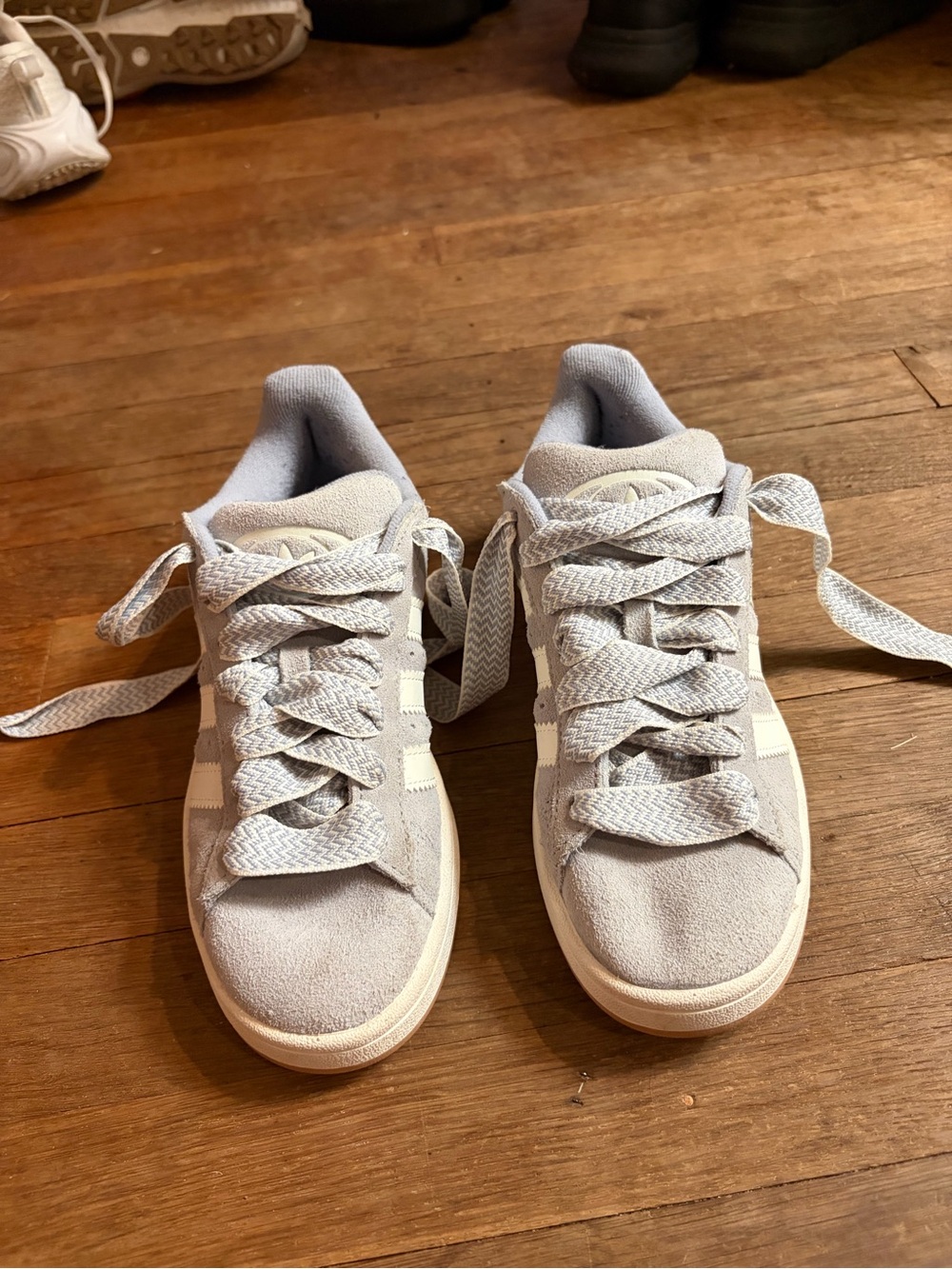 adidas Light Gray Suede Sneakers with Cream Stripes